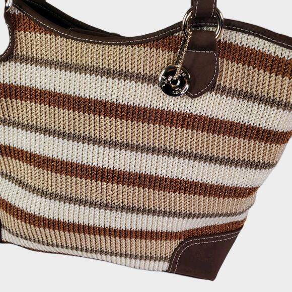The SAK Beige Brown Stripe Crochet Shoulder Bag Purse Double Handle Satchel - Picture 2 of 16